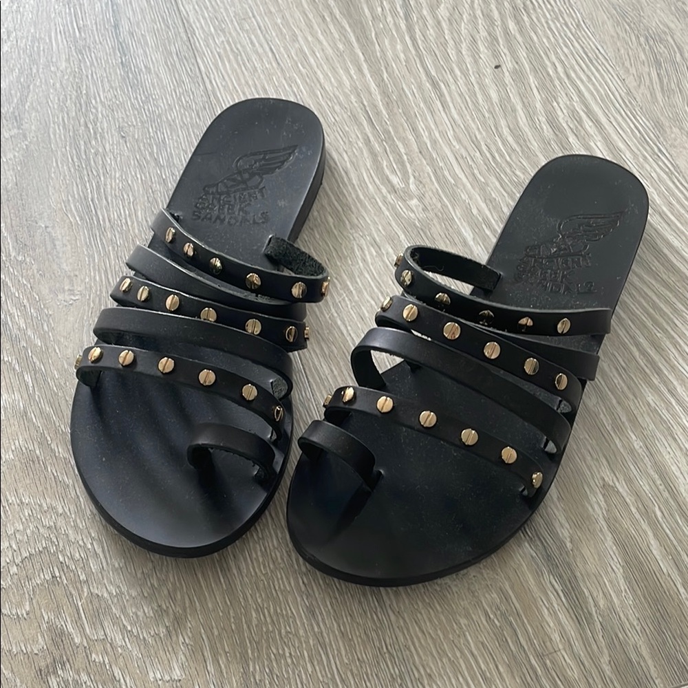 Ancient Greek Sandals Niki Nails Black Leather and Gold Studded Sandals Sz. 37